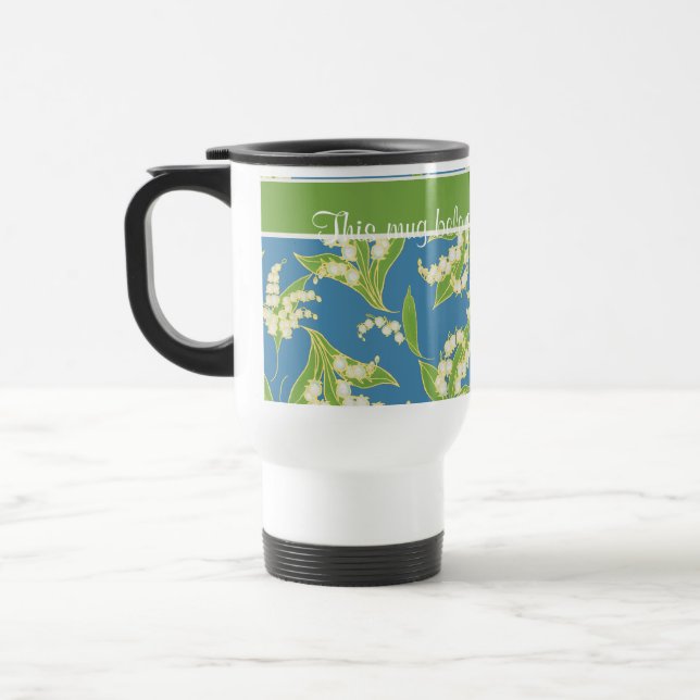 Pretty Travel Mug: Lilies of the Valley, Blue Mug (Left)