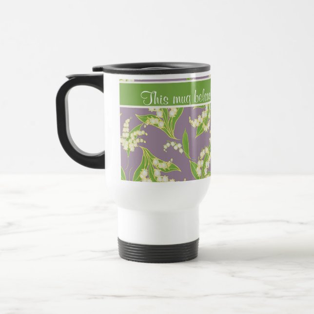Pretty Travel Mug: Lilies of the Valley, Mauve Travel Mug (Left)