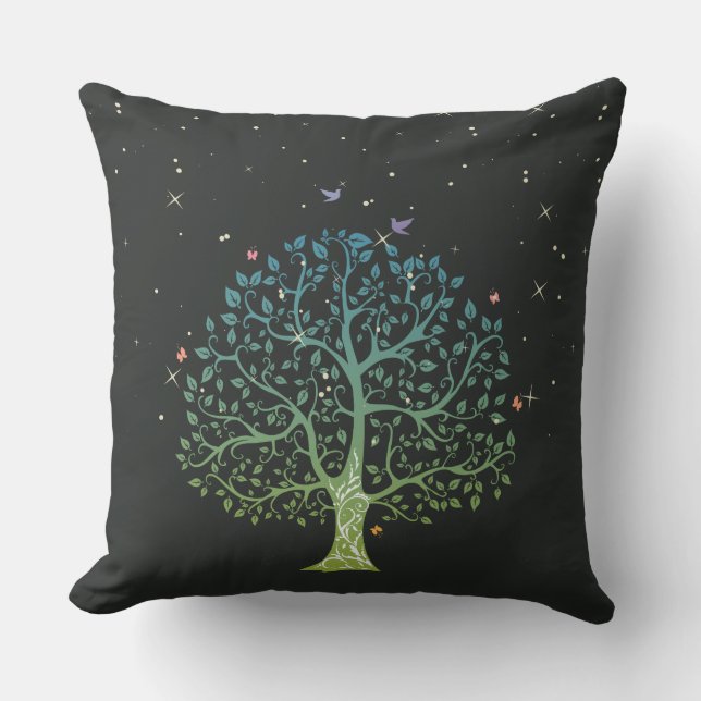 Pretty Tree, Birds and Stars Throw Pillow (Front)