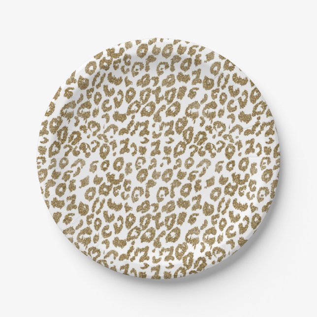 Pretty Trendy Leopard Print Gold Glitter Paper Plates (Front)