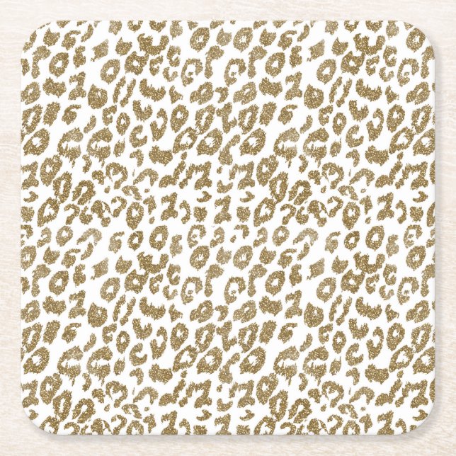 Pretty Trendy Leopard Print Gold Glitter Square Paper Coaster (Front)
