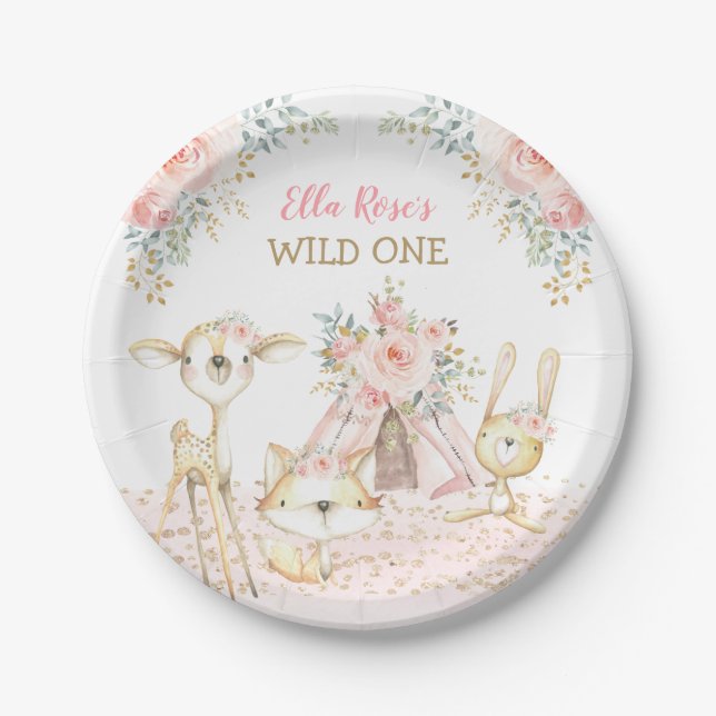 Pretty Tribal Woodland Animals Wild One Birthday Paper Plates (Front)