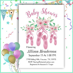 Pretty Trio Of Pink Ballet Shoes Baby Shower Invitation
