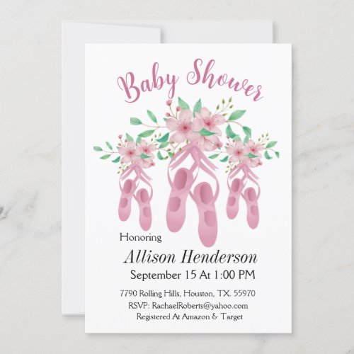 Pretty Trio Of Pink Ballet Shoes Baby Shower Invitation