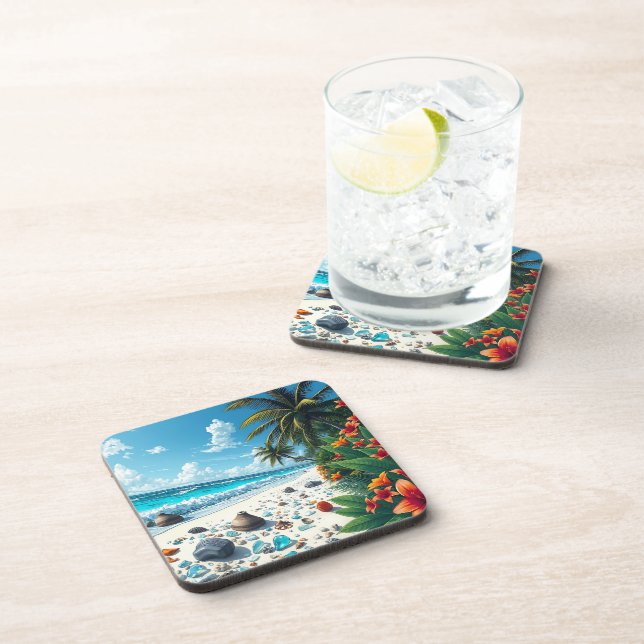 Pretty Tropical Beach Scene Coastal   Beverage Coaster (Right Side)