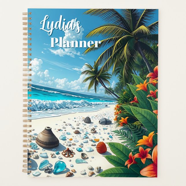 Pretty Tropical Beach Scene Coastal  Personalized Planner (Front)