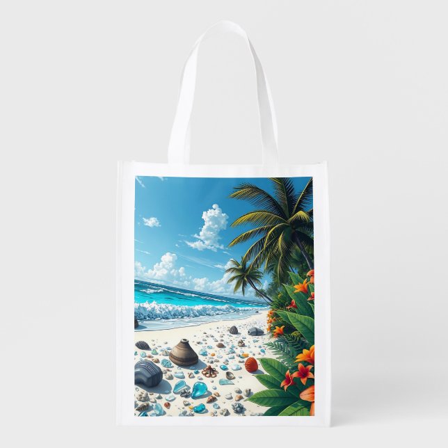 Pretty Tropical Beach Scene Coastal Seaside Art Grocery Bag (Front)