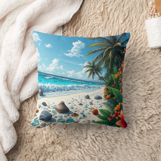 Pretty Tropical Beach Scene Coastal   Throw Pillow (Blanket)