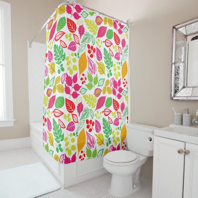 Pretty Tropical Color Leaf Pattern Shower Curtain (In Situ)