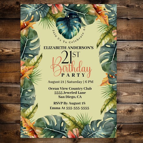 Pretty Tropical Leaf 21st Birthday Invitation