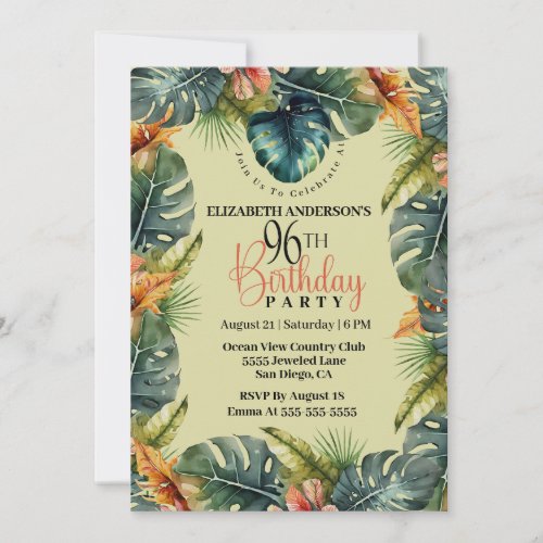 Pretty Tropical Leaf 96th Birthday Invitation