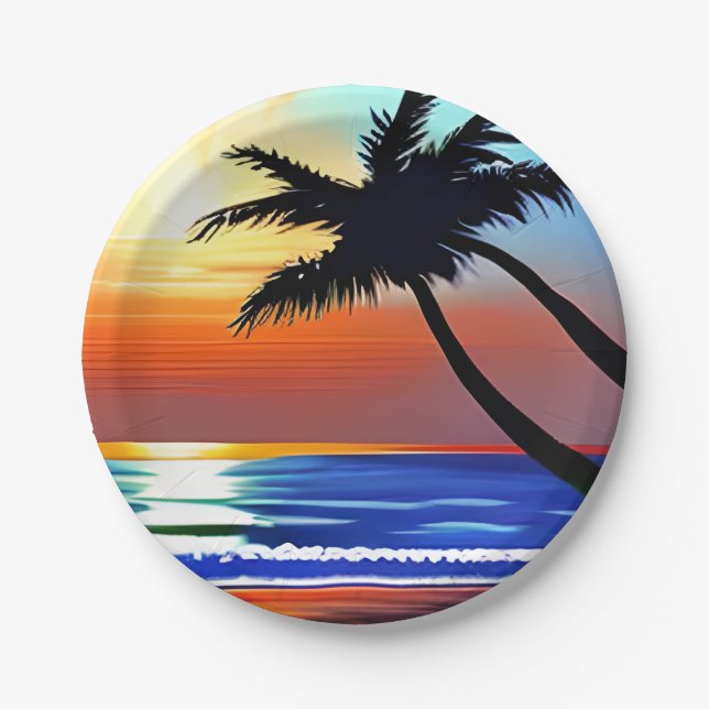 Pretty Tropical Palm Tree and Ocean Paper Plates (Front)