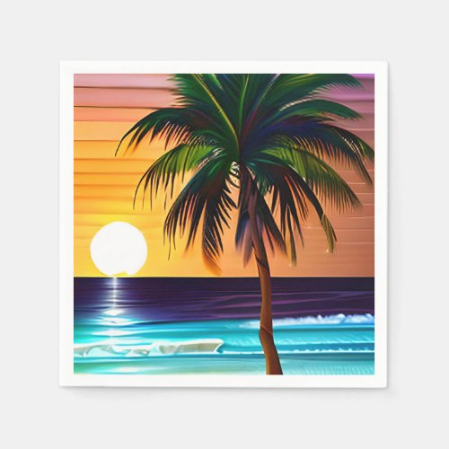 Pretty Tropical Palm Tree and Ocean Sunset Napkins