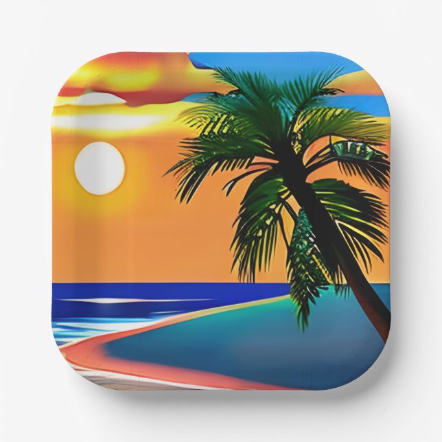 Pretty Tropical Palm Tree and Ocean Sunset Paper Plates (Front)