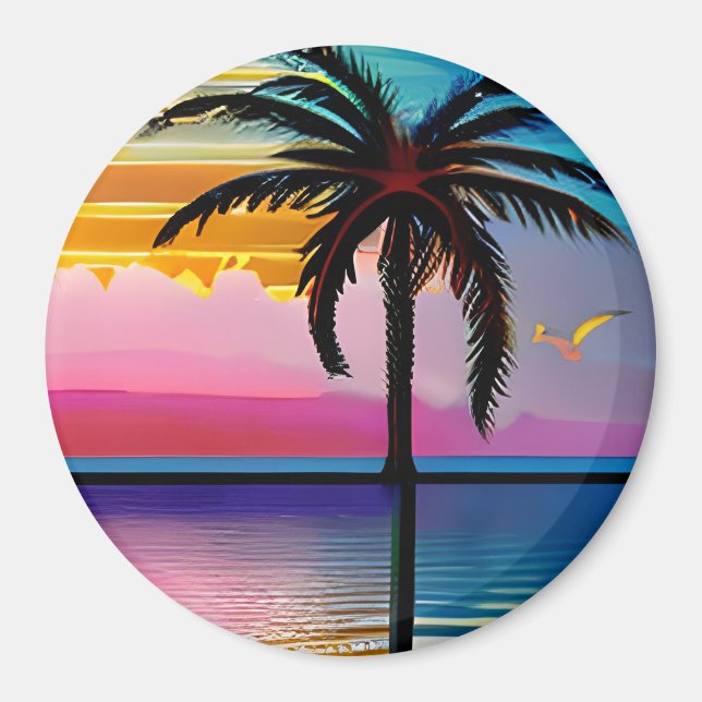 Pretty Tropical Palm Tree and Purple Sunset Magnet (Front)