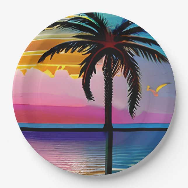Pretty Tropical Palm Tree and Purple Sunset Paper Plates (Front)
