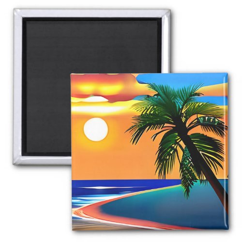 Pretty Tropical Palm Tree Sun Setting Magnet