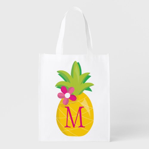 Pretty Tropical Pineapple Monogram Grocery Bag