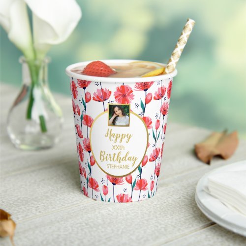 Pretty Tulip Flower Custom Photo Text Birthday  Paper Cups