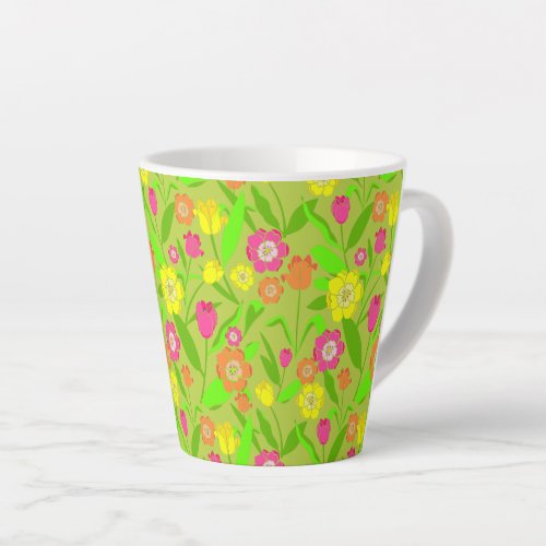 Pretty Tulip Patterned Natural Green Spring Flower Latte Mug