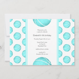 pretty turquoise basketballs pattern sports party invitation