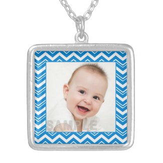 Pretty Turquoise Blue and White Zigzags Photo Silver Plated Necklace