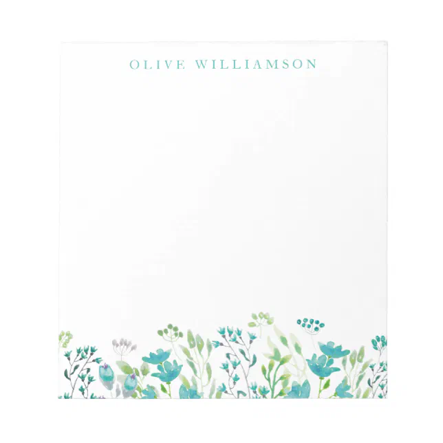 Pretty Turquoise Blue Watercolor Floral with Name Notepad | Zazzle