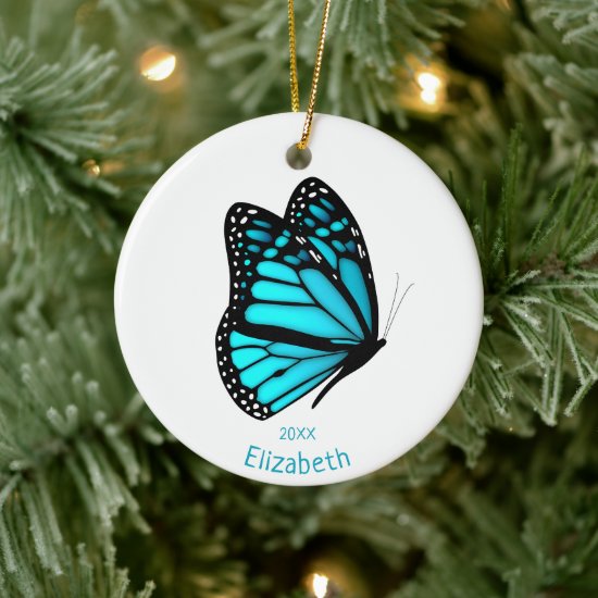 pretty turquoise butterfly in flight personalized ceramic ornament