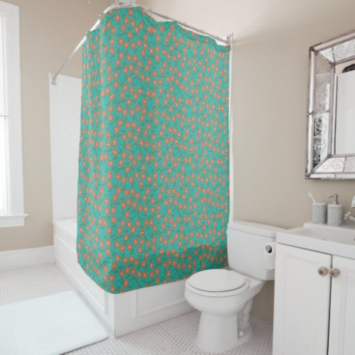 Pretty Turquoise  Dainty Orange Flower Pattern Shower Curtain