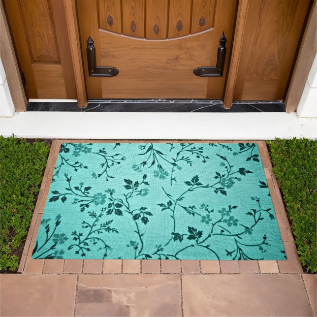 Pretty Turquoise Floral Pattern Doormat (Outdoor)