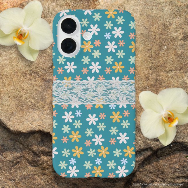 Pretty turquoise floral with white lace Girly cute Case-Mate iPhone Case (Creator Uploaded)