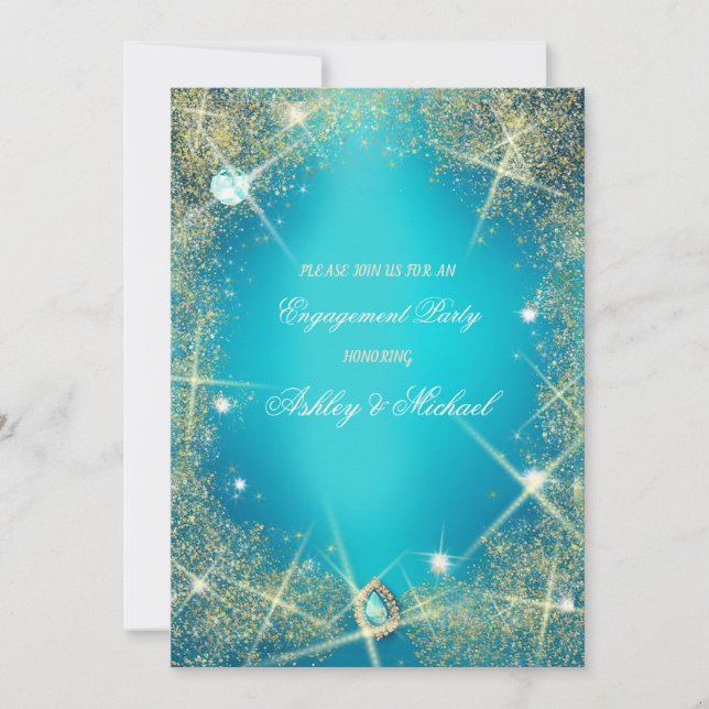 pretty turquoise glam sequins jewels diamond  invitation (Front)