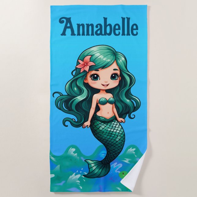 Pretty Turquoise-haired Mermaid Personalize Beach Towel (Front)