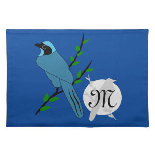 Pretty Turquoise Jay Bird Monogram Cloth Placemat