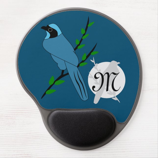 Pretty Turquoise Jay Bird Monogram Gel Mouse Pad (Front)