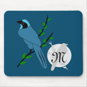 Pretty Turquoise Jay Bird Monogram Mouse Pad