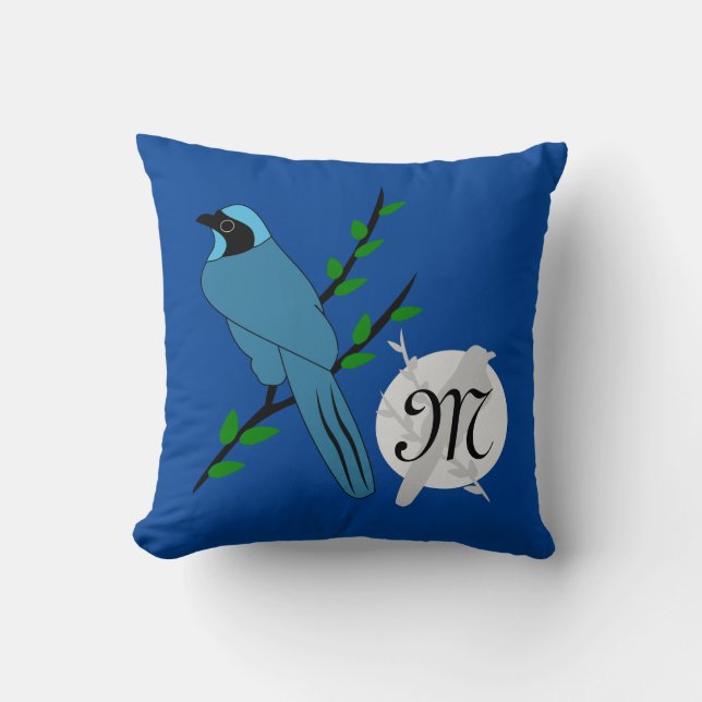 Pretty Turquoise Jay Bird Monogram Throw Pillow (Front)