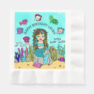 Pretty Turquoise Mermaid Girls Birthday Party Napkins