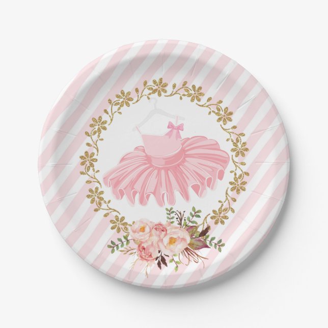 Pretty Tutu Ballerina Pink Gold Ballet Paper Plates (Front)