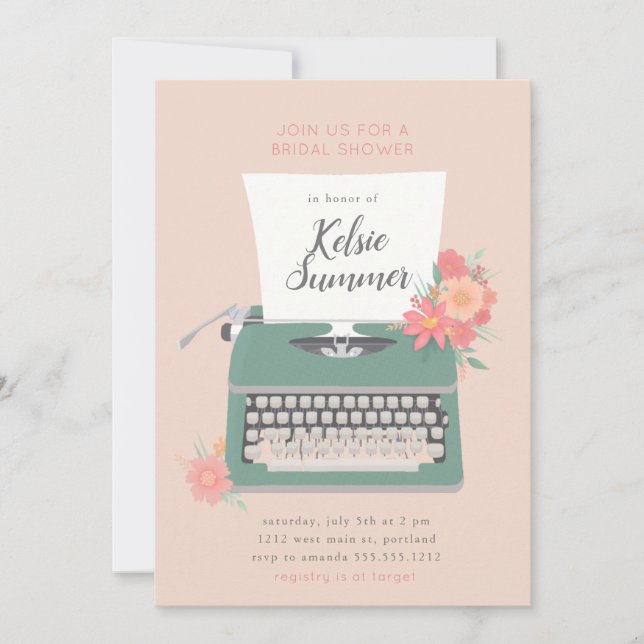 Pretty typewriter and flowers Bridal Shower Invitation (Front)