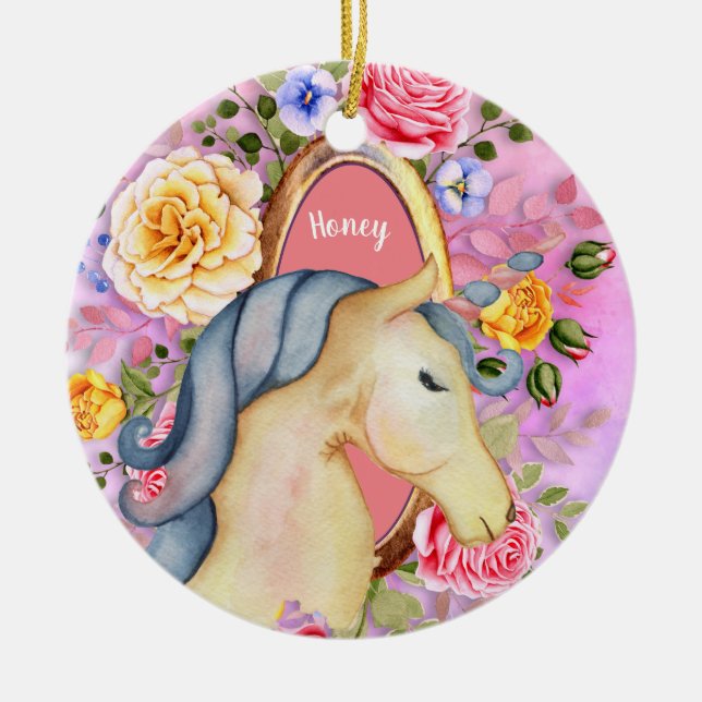 Pretty Unicorn and Roses PHOTO Named Keepsake Ceramic Ornament (Front)