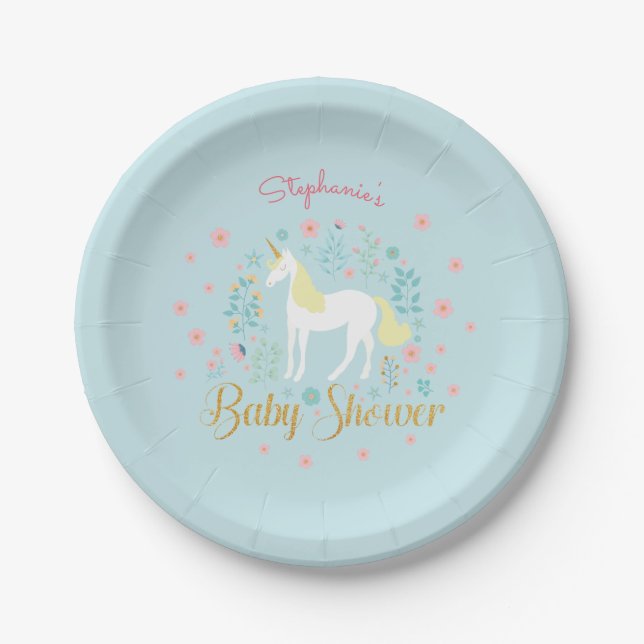 Pretty Unicorn Aqua Gold Glitter Baby Shower Paper Plates (Front)