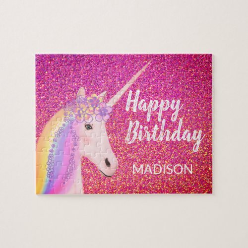 Pretty Unicorn Birthday Pink Glitter Personalized Jigsaw Puzzle