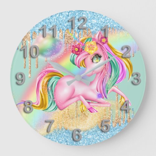 Pretty unicorn blue gold glitter rainbow magic large clock