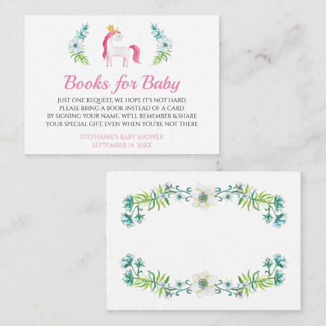 Pretty Unicorn Bring a Book Card Baby Shower (Front/Back)