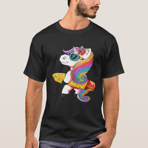 Pretty Unicorn Carrying Surfboard Wearing Cute Swi T_Shirt