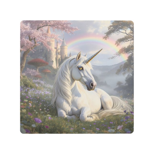 Pretty Unicorn, Castle and Rainbow  Metal Print (Front)