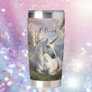 Pretty Unicorn, Castle and Rainbow Personalized Insulated Tumbler