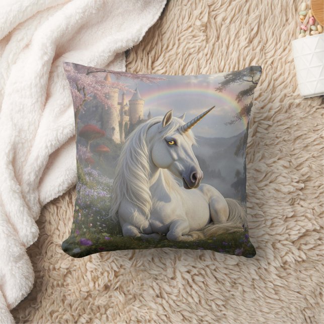 Pretty Unicorn, Castle and Rainbow  Throw Pillow (Blanket)