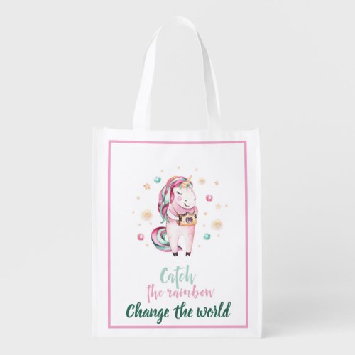 Pretty Unicorn Change the World Pink Girly Kids Grocery Bag